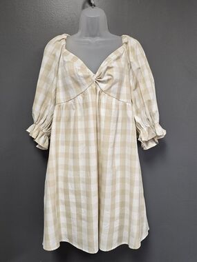 Mittoshop Gingham Babydoll Mini Dress Beige & White Puff Sleeve Large